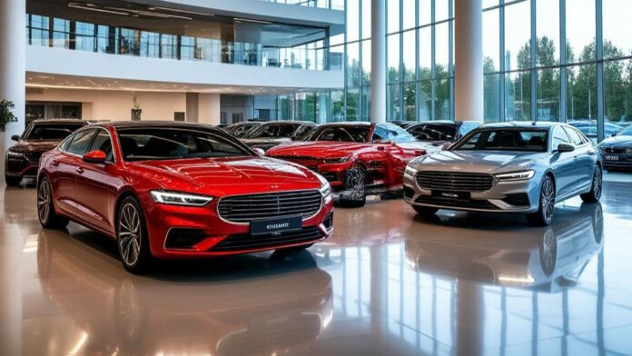 Официальный автосалон с новыми автомобилями в шоуруме