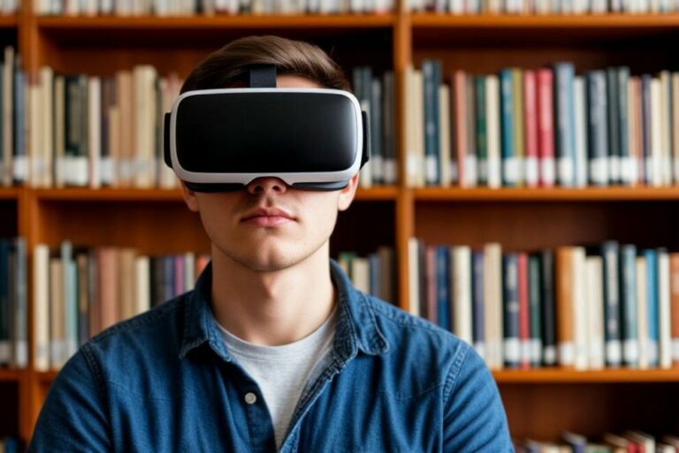 Студент изучает учебный материал в VR очках в библиотеке. Сгенерирована в нейросети «Шедеврум»
